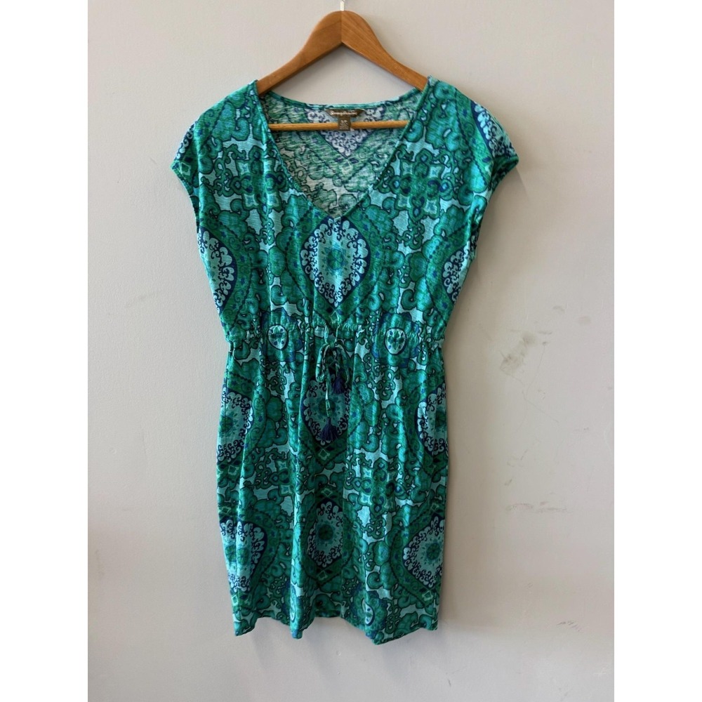 Tommy Bahama Dress Womens Small Green Geometric Jersey Tassel‎ V Neck Sundress